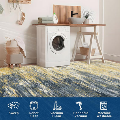 Modern Abstract Living Room Rug 8x10, Washable Area Rugs for Bedroom, Stain Resistant Non Slip Large Rug, Soft Indoor Carpet for Dining Room Table Home Decor, Yellow/Black