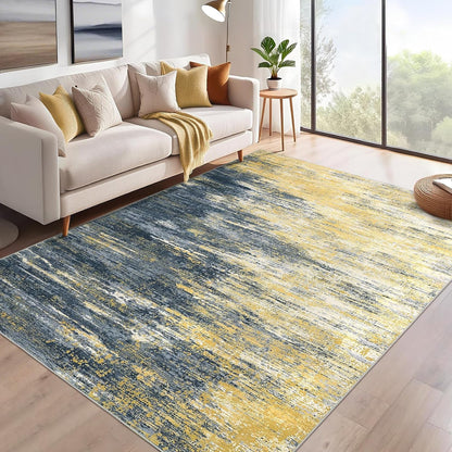Modern Abstract Living Room Rug 8x10, Washable Area Rugs for Bedroom, Stain Resistant Non Slip Large Rug, Soft Indoor Carpet for Dining Room Table Home Decor, Yellow/Black