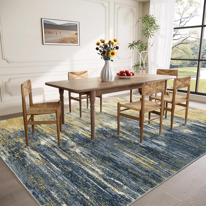 Modern Abstract Living Room Rug 8x10, Washable Area Rugs for Bedroom, Stain Resistant Non Slip Large Rug, Soft Indoor Carpet for Dining Room Table Home Decor, Yellow/Black