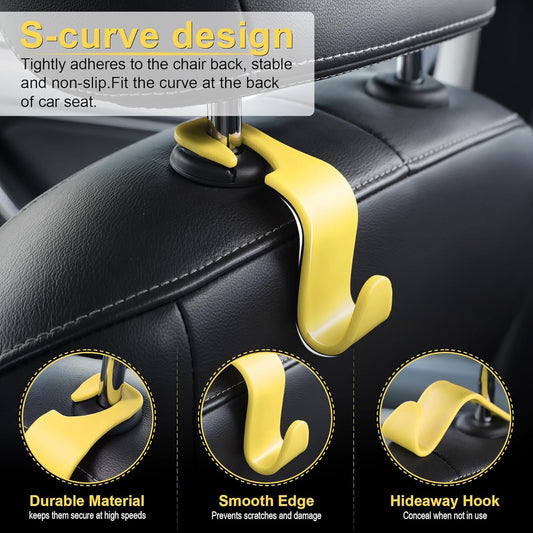 Car Seat Headrest Hook, Car Headrest Hidden Hook, 4 Pack Universal Auto Car Back Seat Hook Organizer for Purse Coat, Car Interior Accessories (Yellow)