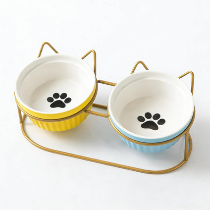 Ceramic Raised Tilted Cat Food Bowls Set - 15° Elevated Cat Food and Water Bowls for Indoor Cats/Kittens, Anti-Vomiting Pet Feeding Bowls (Non-Slip, BPA-Free)