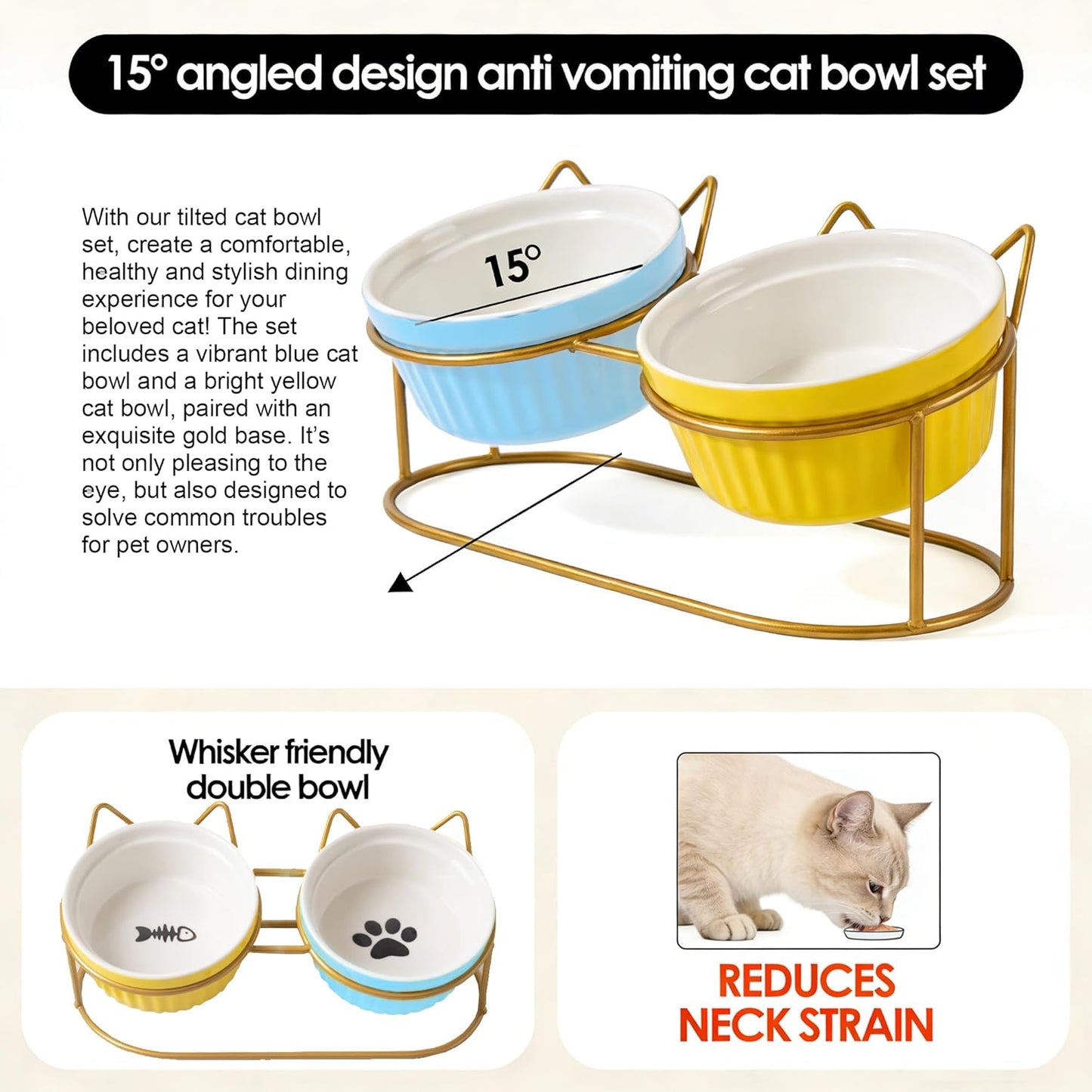 Ceramic Raised Tilted Cat Food Bowls Set - 15° Elevated Cat Food and Water Bowls for Indoor Cats/Kittens, Anti-Vomiting Pet Feeding Bowls (Non-Slip, BPA-Free)