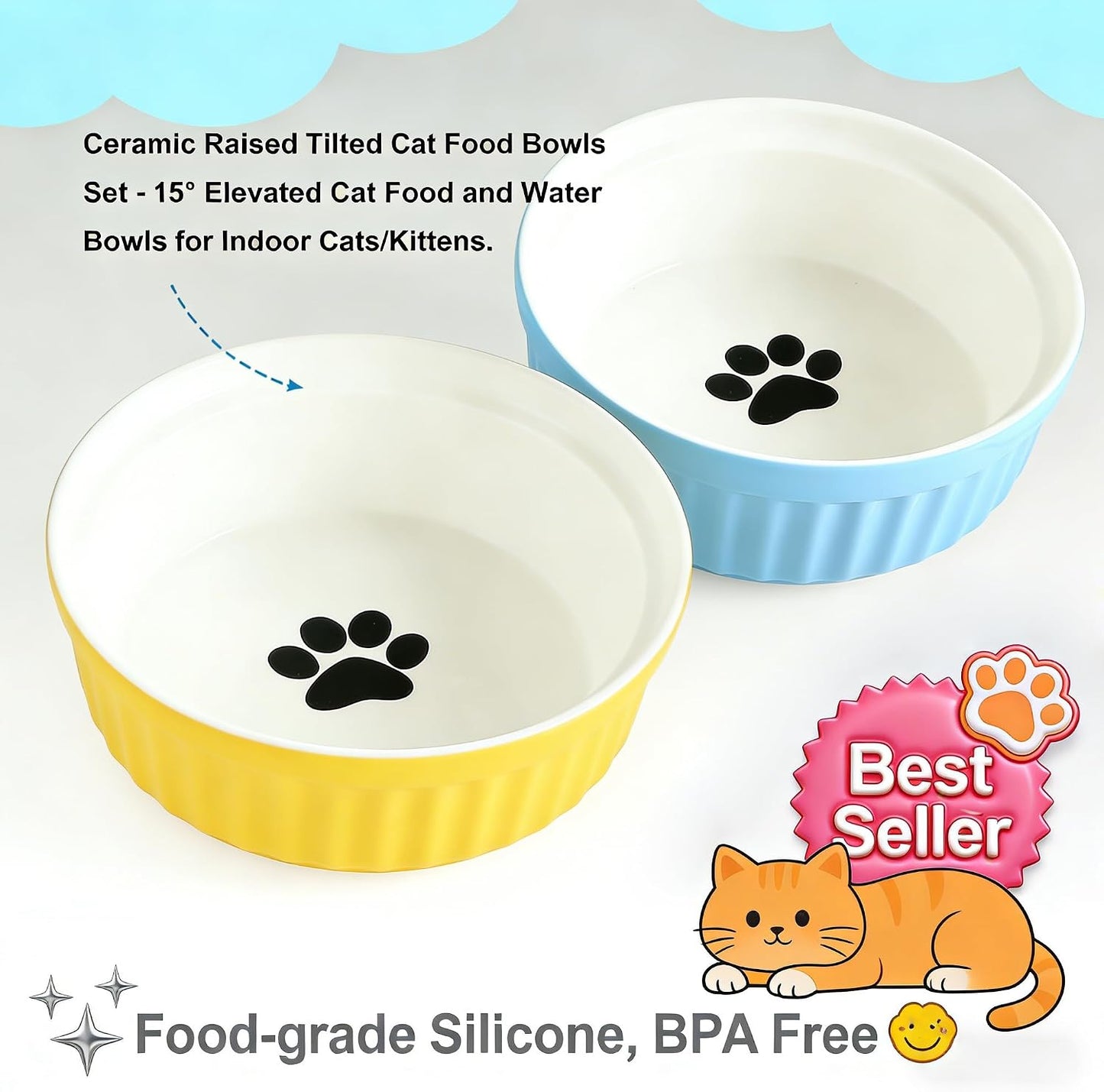 Ceramic Raised Tilted Cat Food Bowls Set - 15° Elevated Cat Food and Water Bowls for Indoor Cats/Kittens, Anti-Vomiting Pet Feeding Bowls (Non-Slip, BPA-Free)