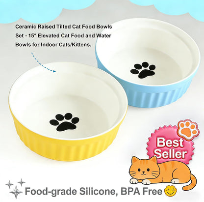 Ceramic Raised Tilted Cat Food Bowls Set - 15° Elevated Cat Food and Water Bowls for Indoor Cats/Kittens, Anti-Vomiting Pet Feeding Bowls (Non-Slip, BPA-Free)