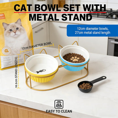 Ceramic Raised Tilted Cat Food Bowls Set - 15° Elevated Cat Food and Water Bowls for Indoor Cats/Kittens, Anti-Vomiting Pet Feeding Bowls (Non-Slip, BPA-Free)