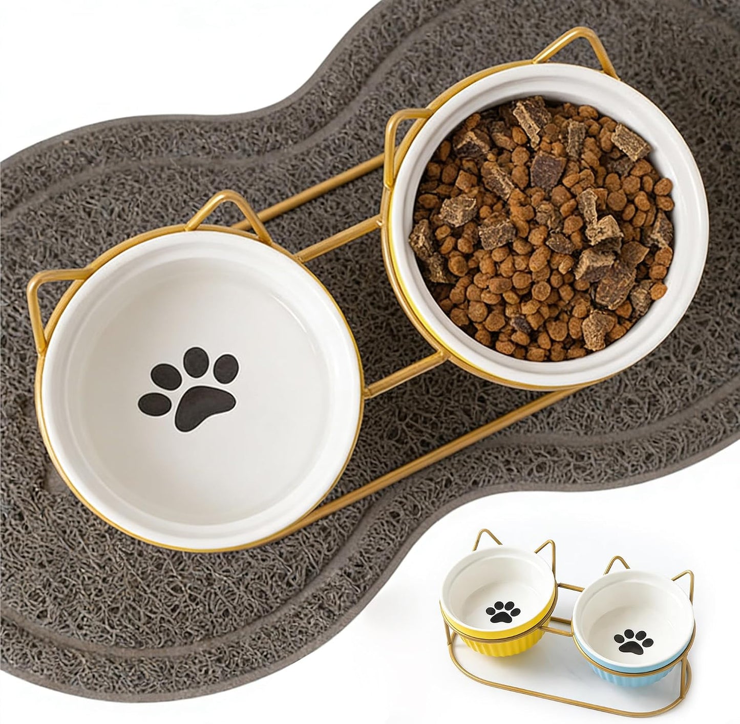 Ceramic Raised Tilted Cat Food Bowls Set - 15° Elevated Cat Food and Water Bowls for Indoor Cats/Kittens, Anti-Vomiting Pet Feeding Bowls (Non-Slip, BPA-Free)