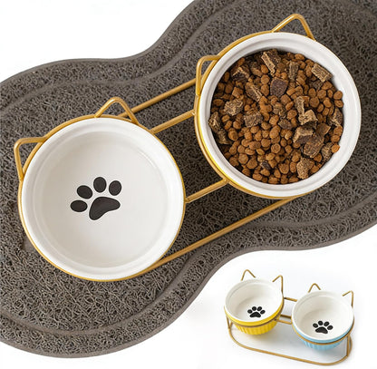 Ceramic Raised Tilted Cat Food Bowls Set - 15° Elevated Cat Food and Water Bowls for Indoor Cats/Kittens, Anti-Vomiting Pet Feeding Bowls (Non-Slip, BPA-Free)
