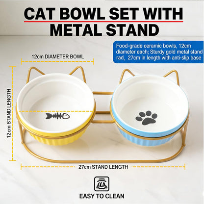 Ceramic Raised Tilted Cat Food Bowls Set - 15° Elevated Cat Food and Water Bowls for Indoor Cats/Kittens, Anti-Vomiting Pet Feeding Bowls (Non-Slip, BPA-Free)