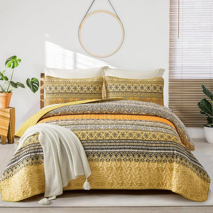 Boho Queen Quilt Set, Yellow Orange Bohemian Queen Quilt Bedding Set, Lightweight Microfiber Bed Decor Bedspread for All Season 96"x90"(3 Pieces)
