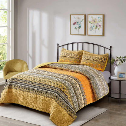 Boho Queen Quilt Set, Yellow Orange Bohemian Queen Quilt Bedding Set, Lightweight Microfiber Bed Decor Bedspread for All Season 96"x90"(3 Pieces)