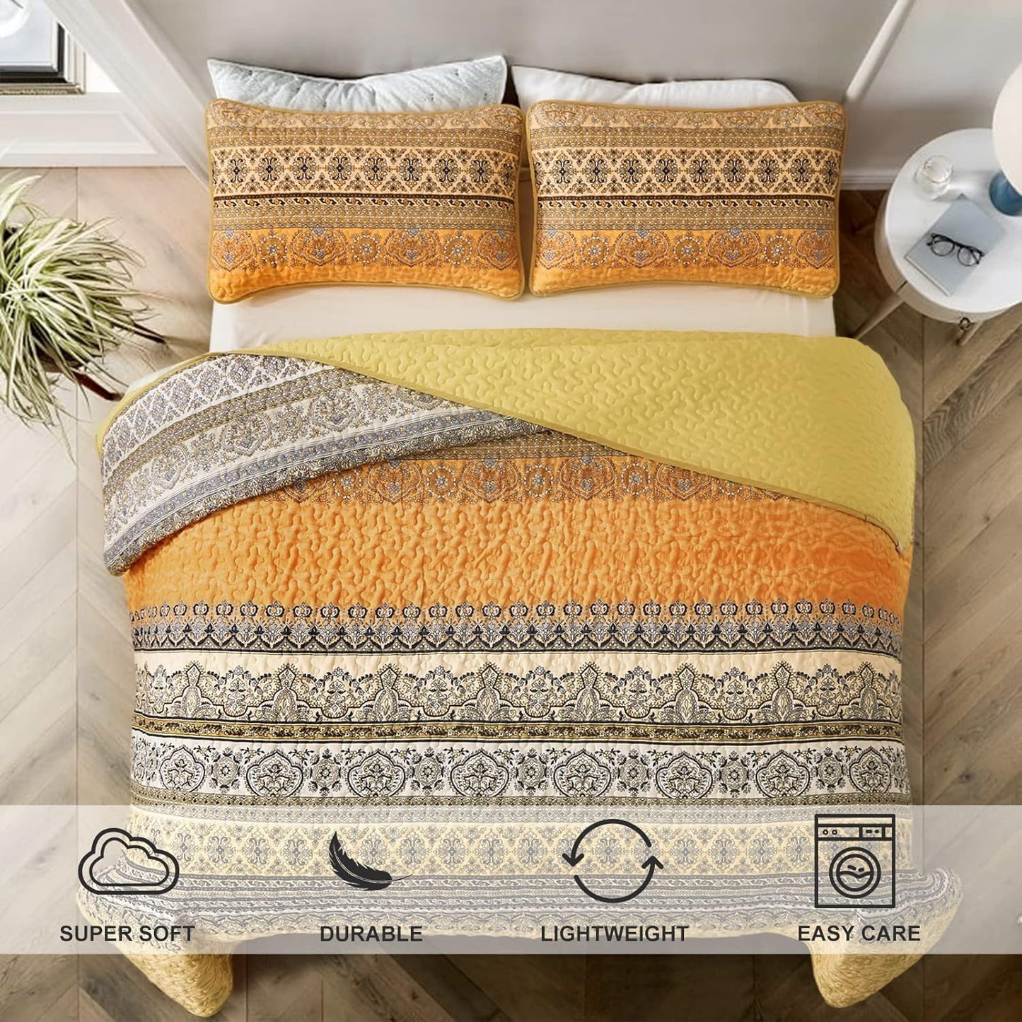 Boho Queen Quilt Set, Yellow Orange Bohemian Queen Quilt Bedding Set, Lightweight Microfiber Bed Decor Bedspread for All Season 96"x90"(3 Pieces)