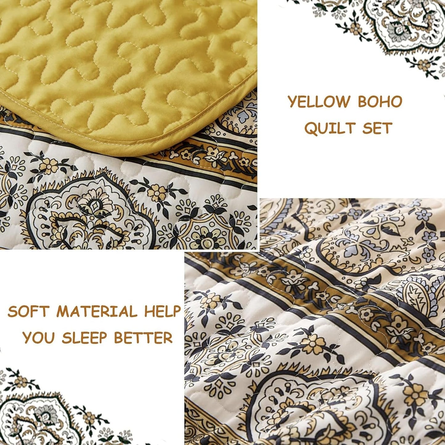 Boho Queen Quilt Set, Yellow Orange Bohemian Queen Quilt Bedding Set, Lightweight Microfiber Bed Decor Bedspread for All Season 96"x90"(3 Pieces)