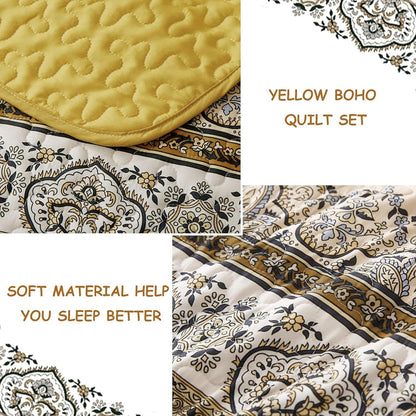 Boho Queen Quilt Set, Yellow Orange Bohemian Queen Quilt Bedding Set, Lightweight Microfiber Bed Decor Bedspread for All Season 96"x90"(3 Pieces)