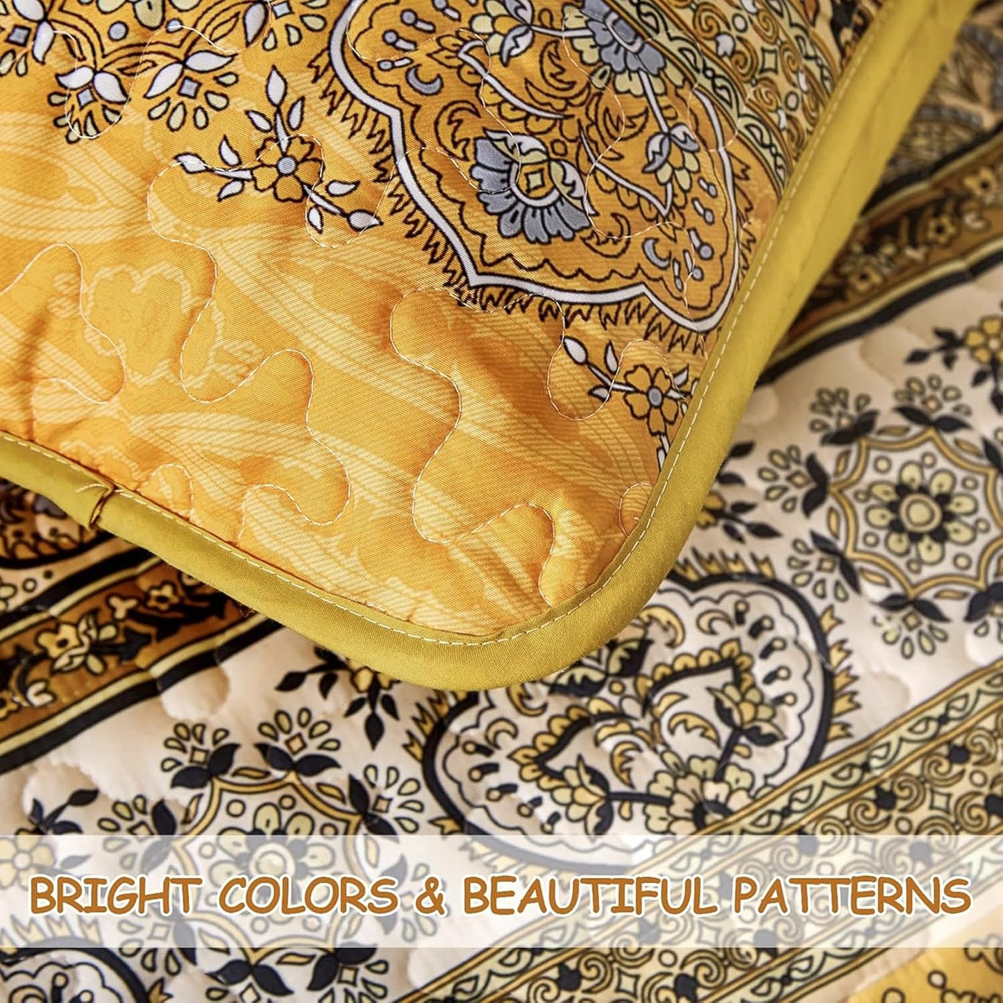 Boho Queen Quilt Set, Yellow Orange Bohemian Queen Quilt Bedding Set, Lightweight Microfiber Bed Decor Bedspread for All Season 96"x90"(3 Pieces)