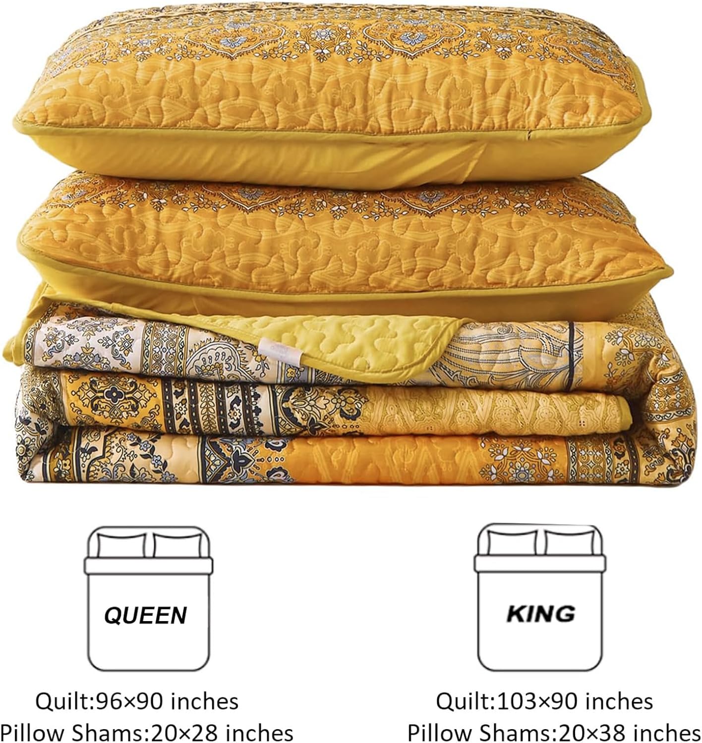 Boho Queen Quilt Set, Yellow Orange Bohemian Queen Quilt Bedding Set, Lightweight Microfiber Bed Decor Bedspread for All Season 96"x90"(3 Pieces)