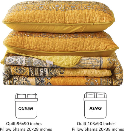 Boho Queen Quilt Set, Yellow Orange Bohemian Queen Quilt Bedding Set, Lightweight Microfiber Bed Decor Bedspread for All Season 96"x90"(3 Pieces)