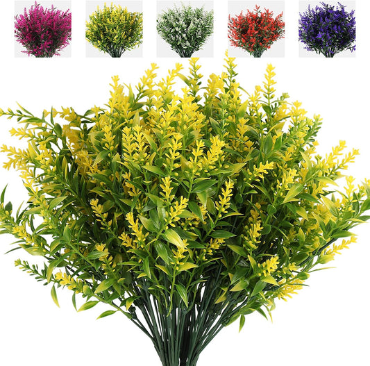 8Pcs Artificial Lavender Flowers for Outdoor Decoration,Fake Shrubs | Spring Fall Decor,Yellow Faux Flowers For Outdoor Planters UV Resistant Faux Greenery Bushes House Garden Patio Indoor Decor