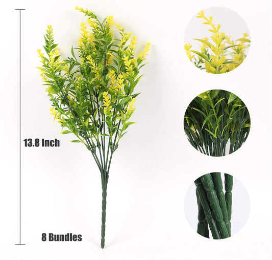 8Pcs Artificial Lavender Flowers for Outdoor Decoration,Fake Shrubs | Spring Fall Decor,Yellow Faux Flowers For Outdoor Planters UV Resistant Faux Greenery Bushes House Garden Patio Indoor Decor