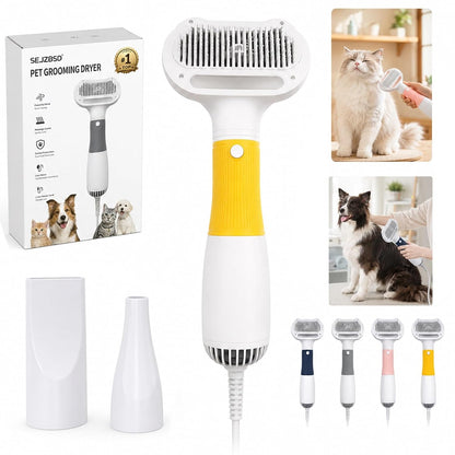 3 in 1 Pet Hair Dryers and Comb Brush Dog Blow Dryer Cat Grooming | High Velocity Slicker Brushes Portable Adjustable Temperature 3 Heat Settings Handheld Electric Cleaning Washing Kit(Yellow)