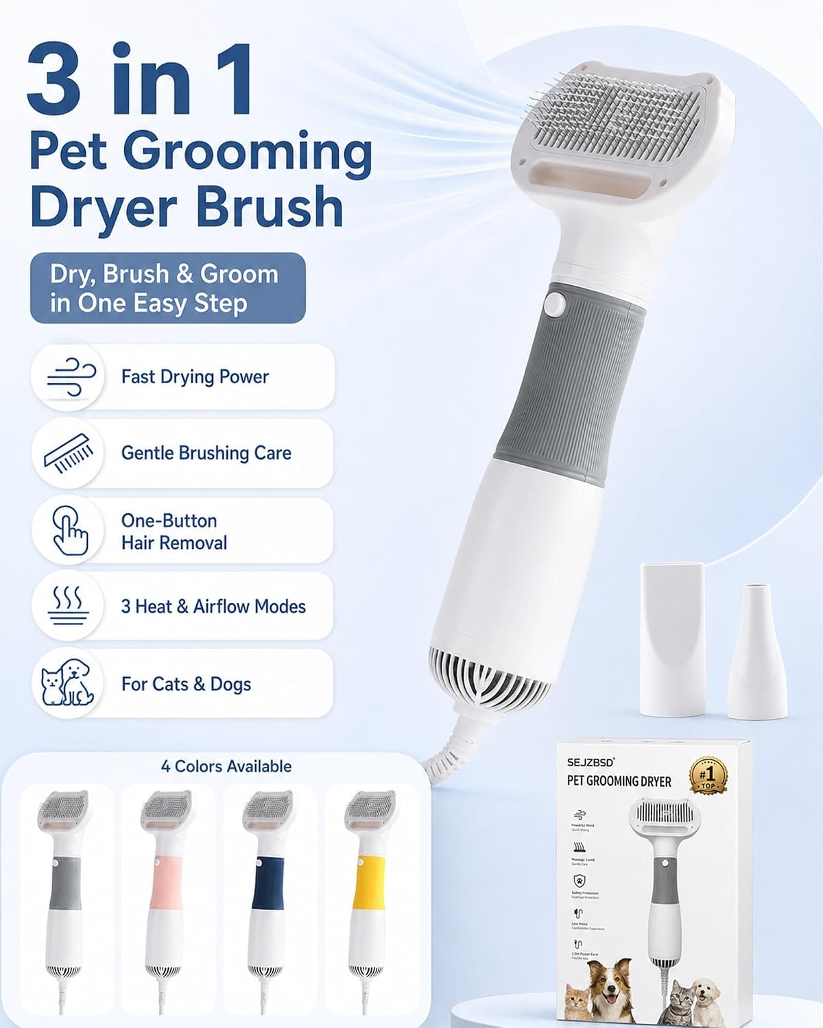 3 in 1 Pet Hair Dryers and Comb Brush Dog Blow Dryer Cat Grooming | High Velocity Slicker Brushes Portable Adjustable Temperature 3 Heat Settings Handheld Electric Cleaning Washing Kit(Yellow)