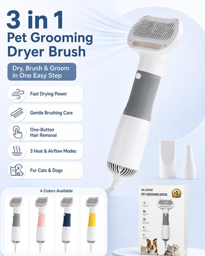 3 in 1 Pet Hair Dryers and Comb Brush Dog Blow Dryer Cat Grooming | High Velocity Slicker Brushes Portable Adjustable Temperature 3 Heat Settings Handheld Electric Cleaning Washing Kit(Yellow)