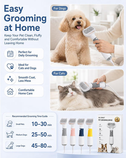 3 in 1 Pet Hair Dryers and Comb Brush Dog Blow Dryer Cat Grooming | High Velocity Slicker Brushes Portable Adjustable Temperature 3 Heat Settings Handheld Electric Cleaning Washing Kit(Yellow)