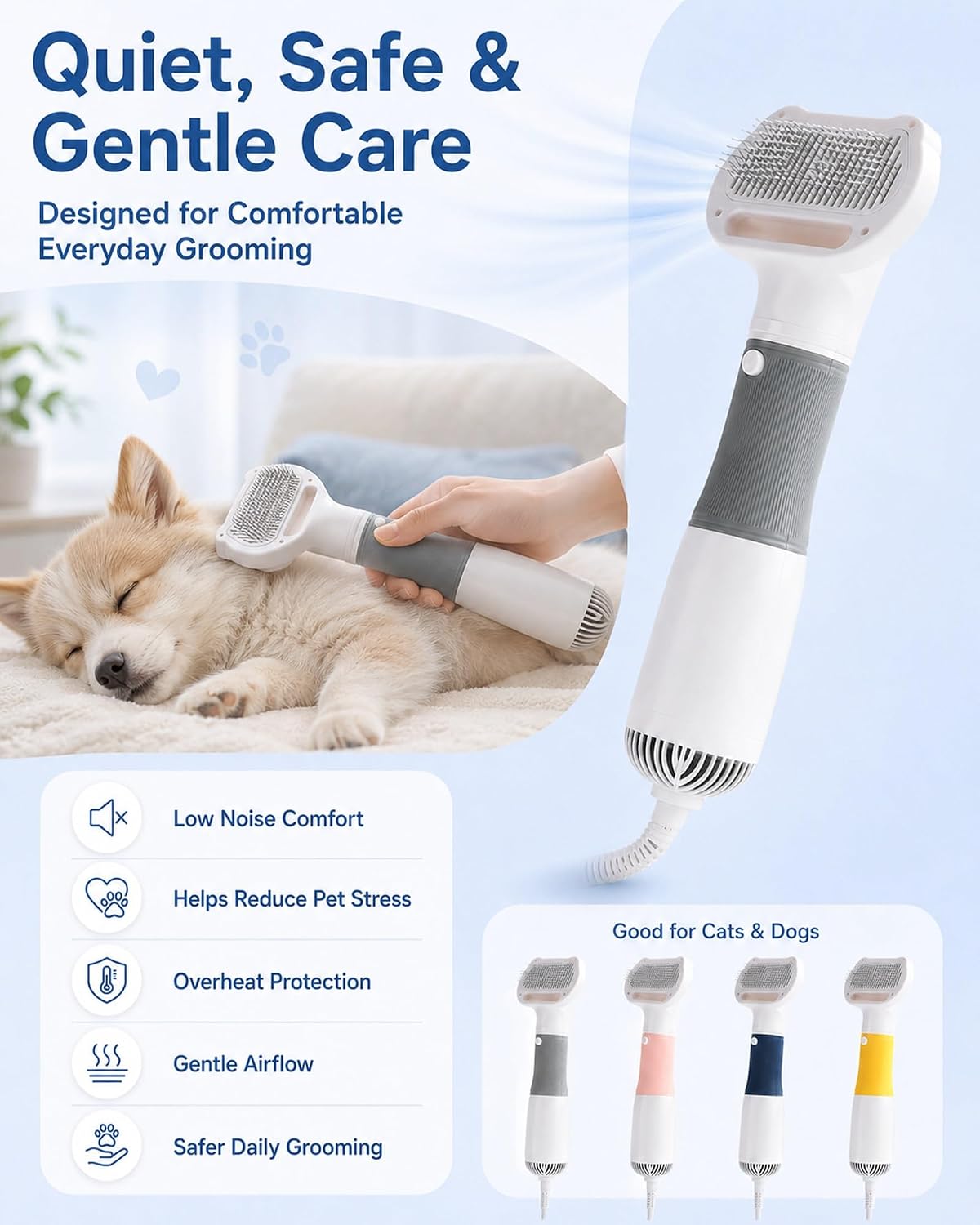 3 in 1 Pet Hair Dryers and Comb Brush Dog Blow Dryer Cat Grooming | High Velocity Slicker Brushes Portable Adjustable Temperature 3 Heat Settings Handheld Electric Cleaning Washing Kit(Yellow)