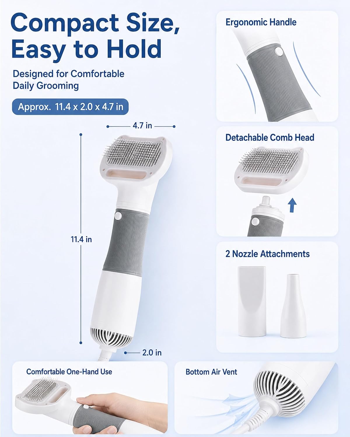 3 in 1 Pet Hair Dryers and Comb Brush Dog Blow Dryer Cat Grooming | High Velocity Slicker Brushes Portable Adjustable Temperature 3 Heat Settings Handheld Electric Cleaning Washing Kit(Yellow)