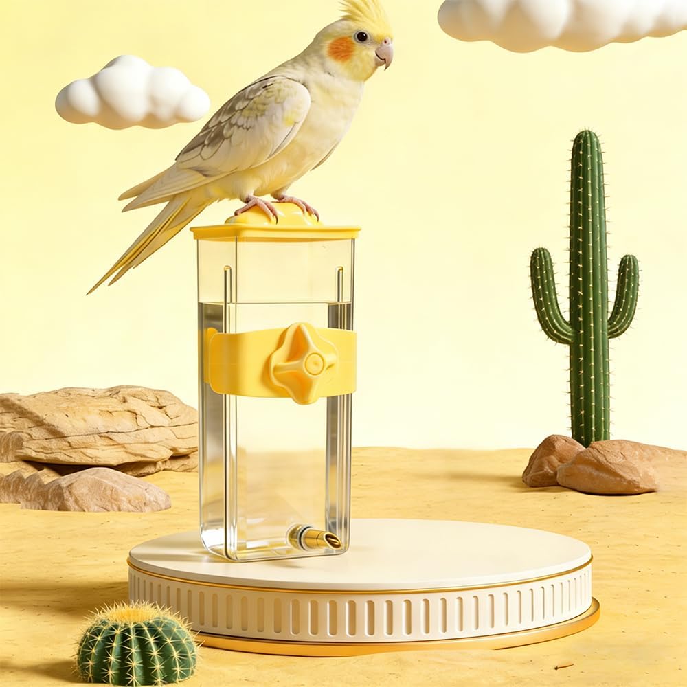 14.5 Fl Oz Automatic Bird Water Dispenser with Spring Valve, Clear Cage Water Drinker for Parakeets, Cockatiels, Budgies, Finch, Lovebirds & Canary(Yellow)