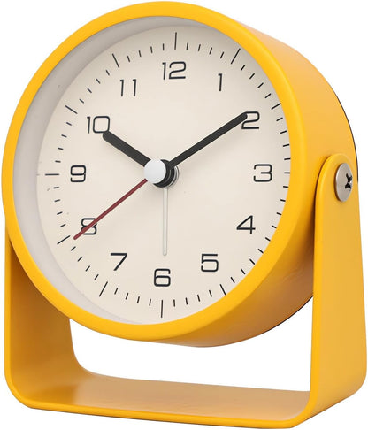 3" Analog Alarm Clock - Silent Non Ticking Small Clock, Rotatable Stand Metal Desk Clock, Simple Design for Living Room Decor/Bedroom/Bedside/Shelf (Yellow)