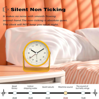 3" Analog Alarm Clock - Silent Non Ticking Small Clock, Rotatable Stand Metal Desk Clock, Simple Design for Living Room Decor/Bedroom/Bedside/Shelf (Yellow)