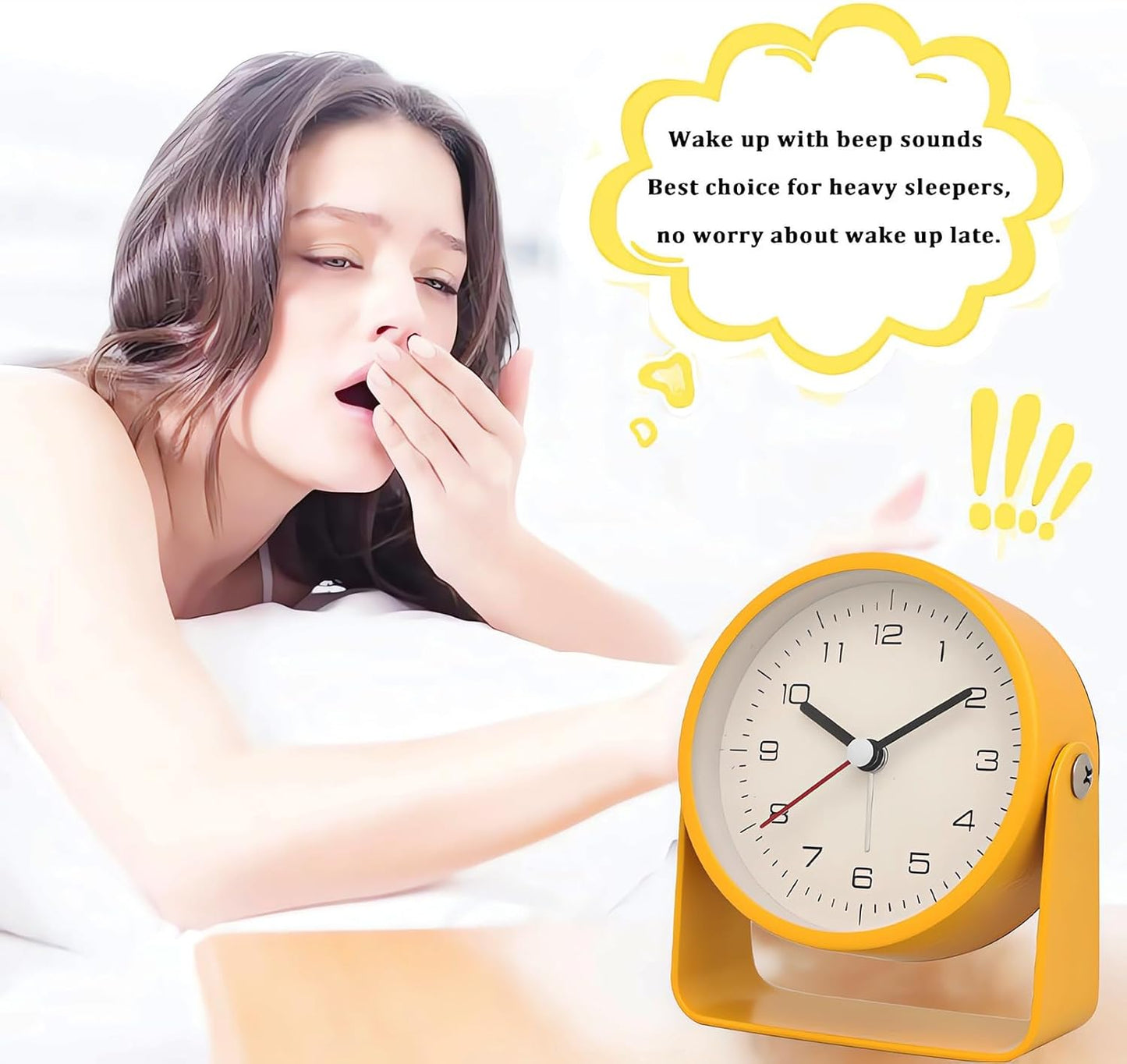 3" Analog Alarm Clock - Silent Non Ticking Small Clock, Rotatable Stand Metal Desk Clock, Simple Design for Living Room Decor/Bedroom/Bedside/Shelf (Yellow)