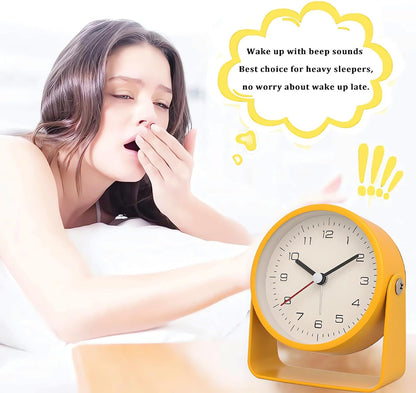3" Analog Alarm Clock - Silent Non Ticking Small Clock, Rotatable Stand Metal Desk Clock, Simple Design for Living Room Decor/Bedroom/Bedside/Shelf (Yellow)
