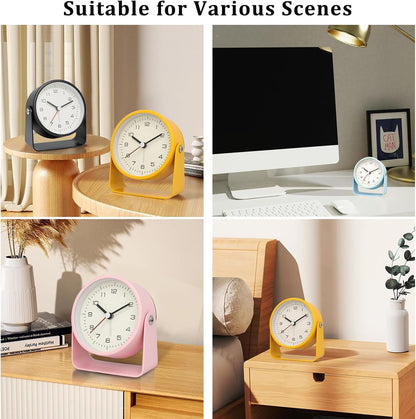 3" Analog Alarm Clock - Silent Non Ticking Small Clock, Rotatable Stand Metal Desk Clock, Simple Design for Living Room Decor/Bedroom/Bedside/Shelf (Yellow)