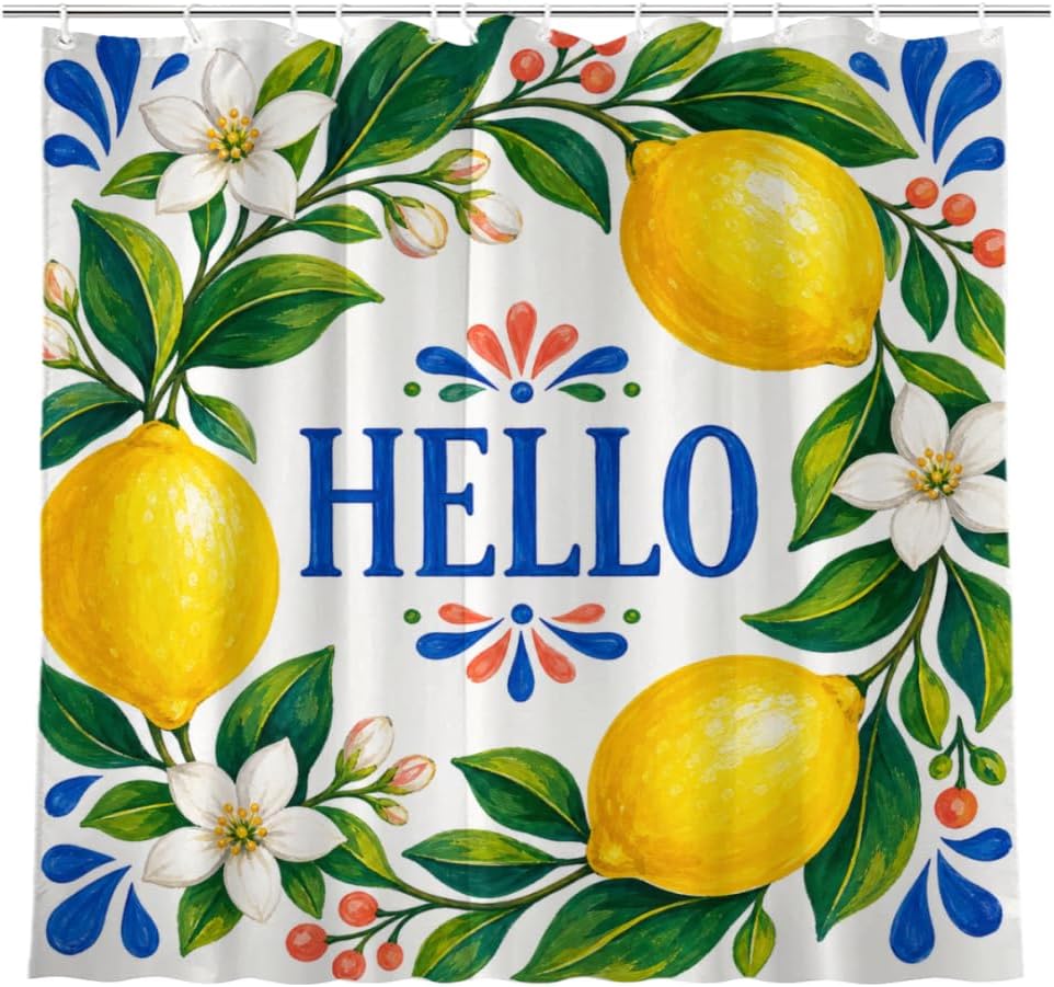 Lemon Greeting Shower Curtain with 12 Hooks Polyester Citrus Floral