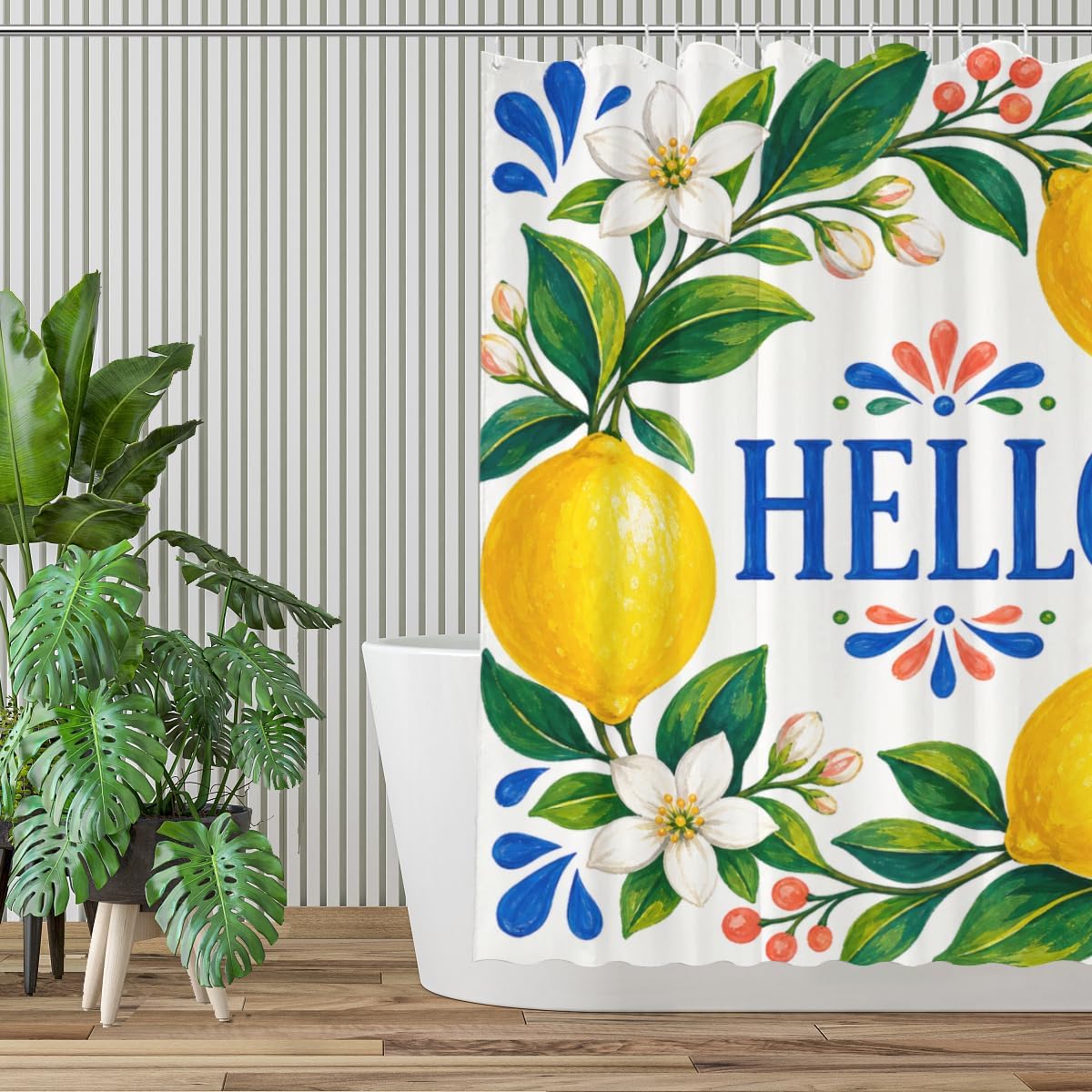 Lemon Greeting Shower Curtain with 12 Hooks Polyester Citrus Floral