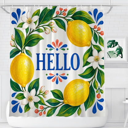 Lemon Greeting Shower Curtain with 12 Hooks Polyester Citrus Floral