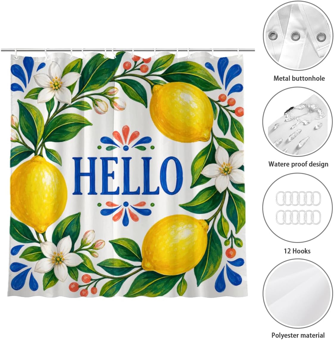Lemon Greeting Shower Curtain with 12 Hooks Polyester Citrus Floral