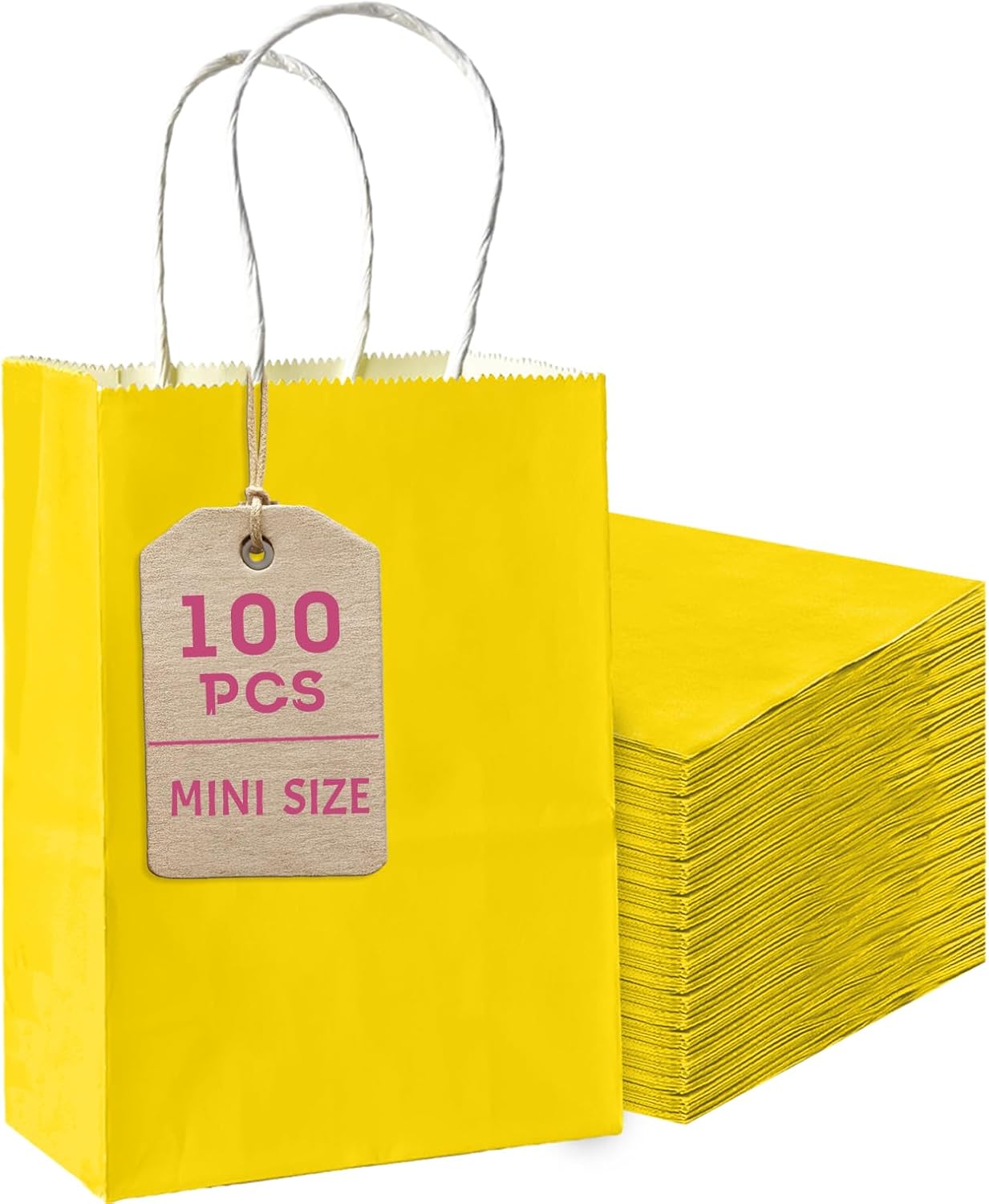 100 Pcs Bright Yellow Mini Paper Gift Bags with Handles 6"x4.5"x2.5" Party Favor Bags Multiple Uses (Mini size)