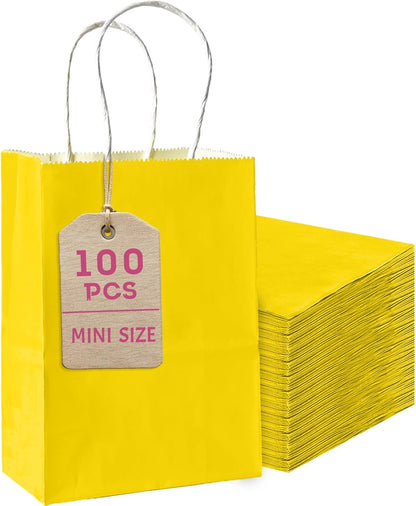 100 Pcs Bright Yellow Mini Paper Gift Bags with Handles 6"x4.5"x2.5" Party Favor Bags Multiple Uses (Mini size)