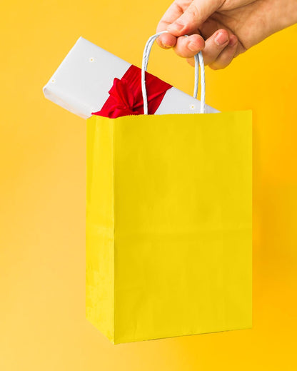 100 Pcs Bright Yellow Mini Paper Gift Bags with Handles 6"x4.5"x2.5" Party Favor Bags Multiple Uses (Mini size)