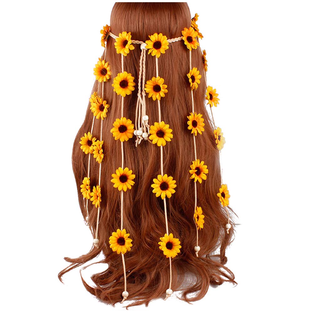 Halloween Sunflower Headband Hippie Boho Daisy Flower Hair Hoops Bands Crown Floral Wreath Headpiece Hairband Women Wedding Holiday Festival Cosplay Dress Up Birthday Party Accessories Yellow