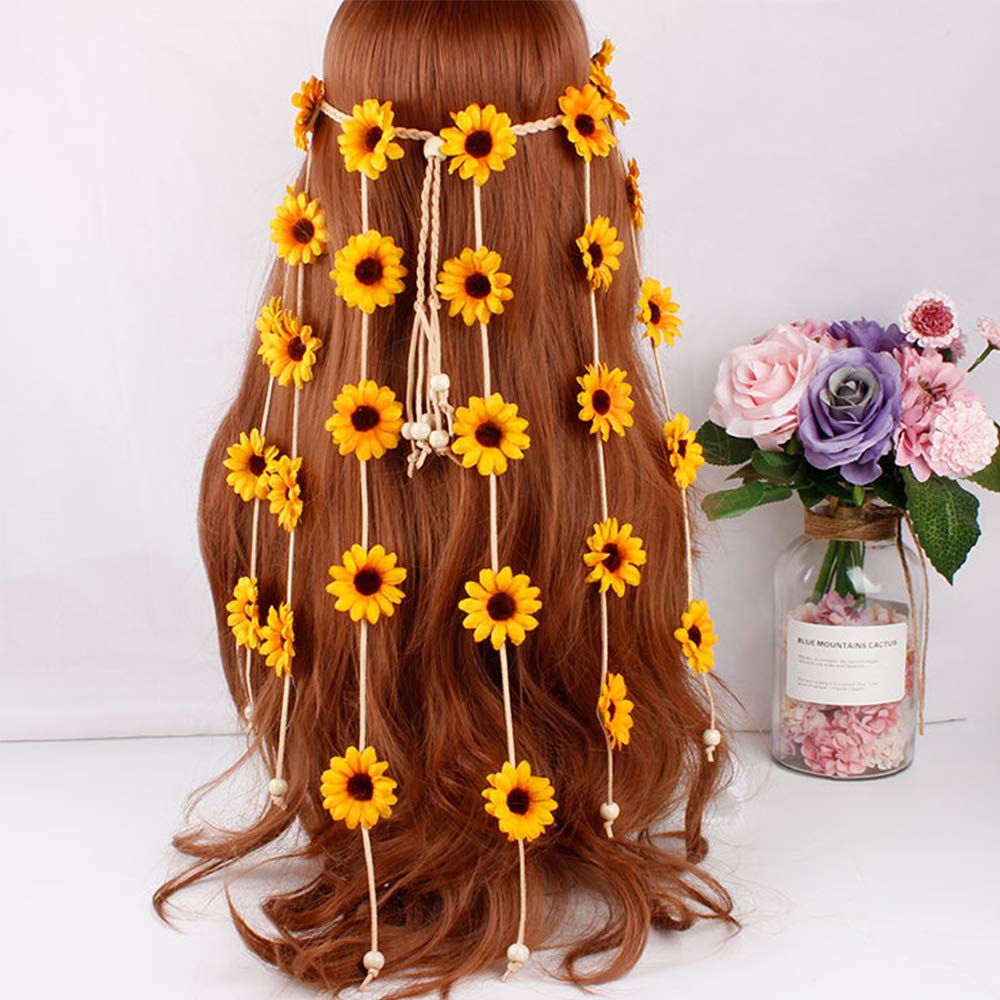 Halloween Sunflower Headband Hippie Boho Daisy Flower Hair Hoops Bands Crown Floral Wreath Headpiece Hairband Women Wedding Holiday Festival Cosplay Dress Up Birthday Party Accessories Yellow