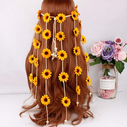 Halloween Sunflower Headband Hippie Boho Daisy Flower Hair Hoops Bands Crown Floral Wreath Headpiece Hairband Women Wedding Holiday Festival Cosplay Dress Up Birthday Party Accessories Yellow