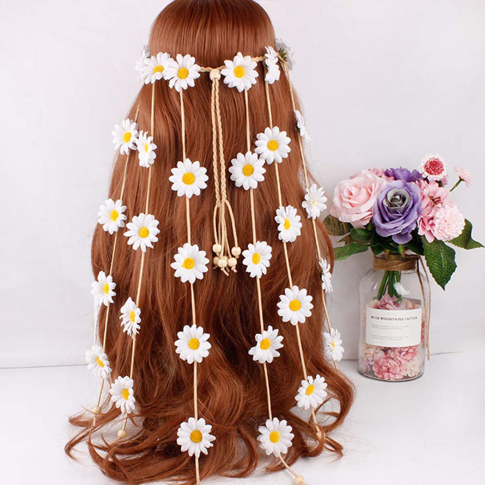 Halloween Sunflower Headband Hippie Boho Daisy Flower Hair Hoops Bands Crown Floral Wreath Headpiece Hairband Women Wedding Holiday Festival Cosplay Dress Up Birthday Party Accessories Yellow