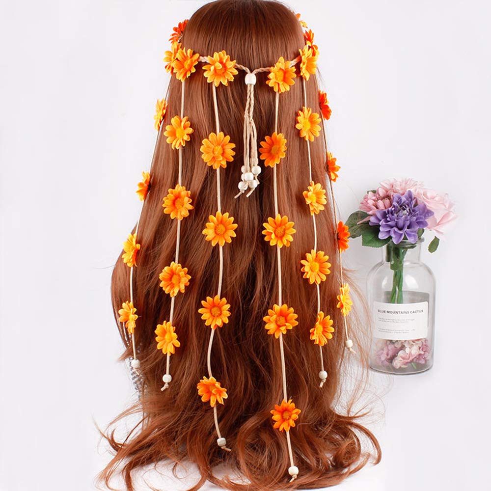 Halloween Sunflower Headband Hippie Boho Daisy Flower Hair Hoops Bands Crown Floral Wreath Headpiece Hairband Women Wedding Holiday Festival Cosplay Dress Up Birthday Party Accessories Yellow