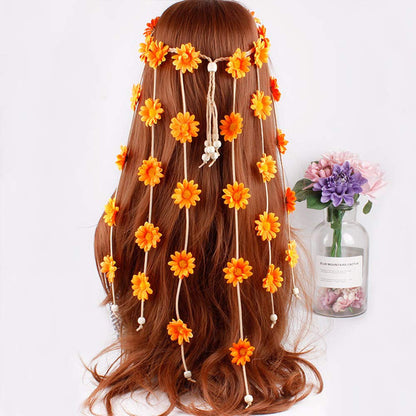 Halloween Sunflower Headband Hippie Boho Daisy Flower Hair Hoops Bands Crown Floral Wreath Headpiece Hairband Women Wedding Holiday Festival Cosplay Dress Up Birthday Party Accessories Yellow