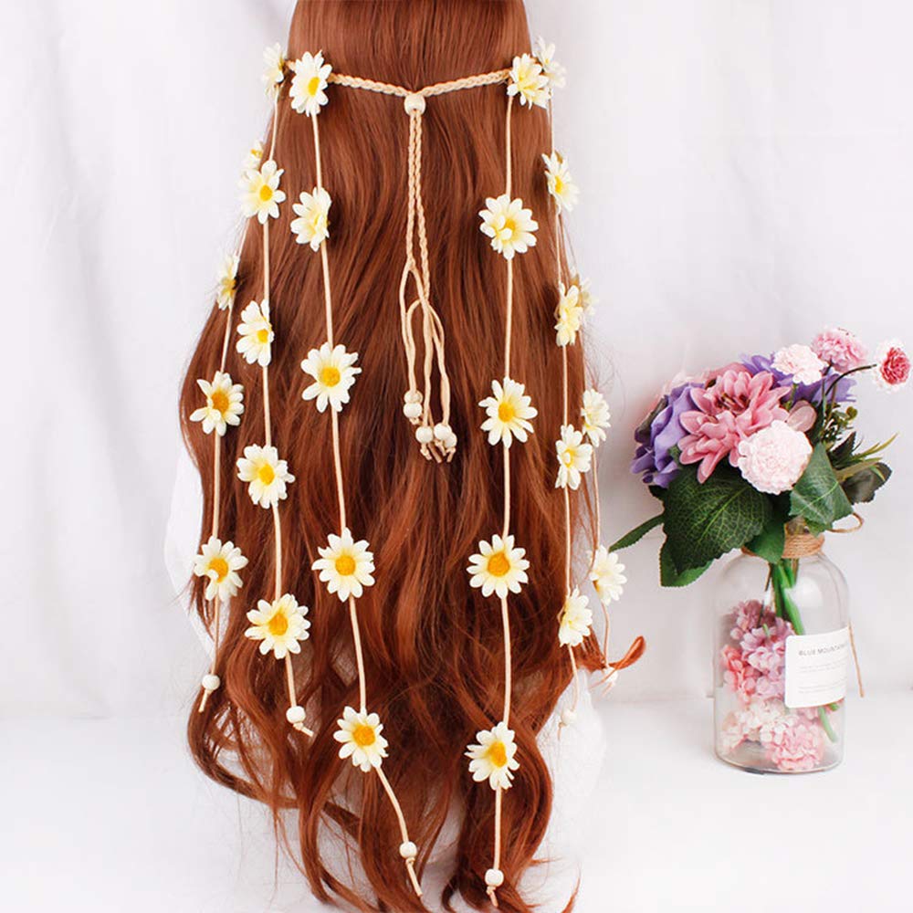 Halloween Sunflower Headband Hippie Boho Daisy Flower Hair Hoops Bands Crown Floral Wreath Headpiece Hairband Women Wedding Holiday Festival Cosplay Dress Up Birthday Party Accessories Yellow