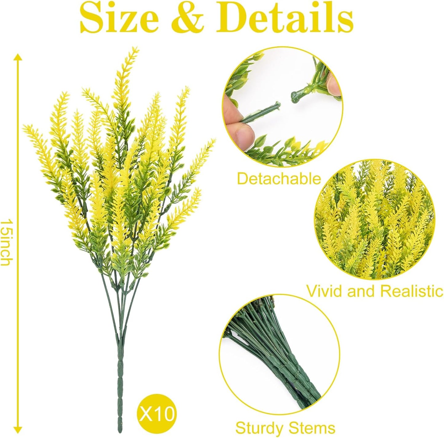 10 Bundles Fake Flowers Artificial Lavender Plants, Yellow | Faux plastic plants for home wedding kitchen garden patio porch window box office table centerpieces indoor outdoor decor