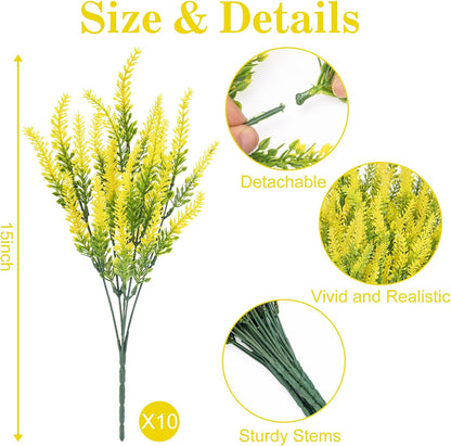 10 Bundles Fake Flowers Artificial Lavender Plants, Yellow | Faux plastic plants for home wedding kitchen garden patio porch window box office table centerpieces indoor outdoor decor